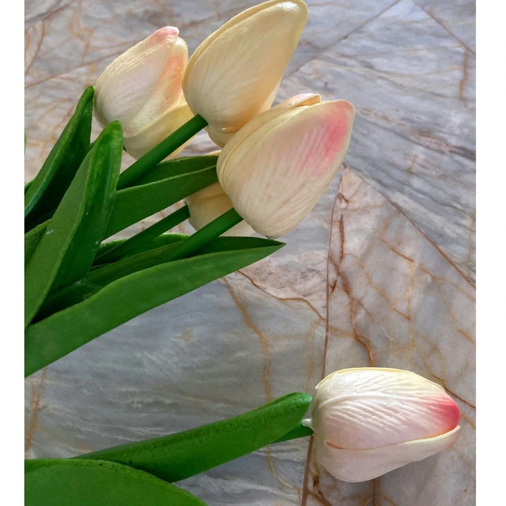5 Piece Artificial Tulip Stems Cream Pink Faux Silk Flowers Spring Home Decor
